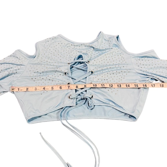 Baby Blue Rhinestone Cut Out Lace Up Long Sleeve Crop Top & Bottoms Rave Set - Picture 9 of 12